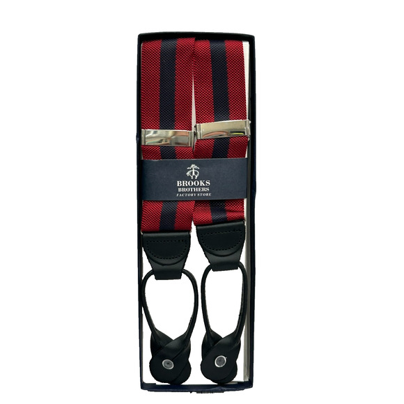 NEW Brooks Brothers Mens Red Navy Striped Adjustable Braces Suspenders Leather - Picture 1 of 7
